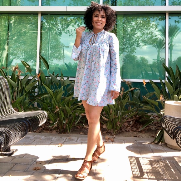 Pale blue floral dress w/high-neck tie - Picture 2 of 8